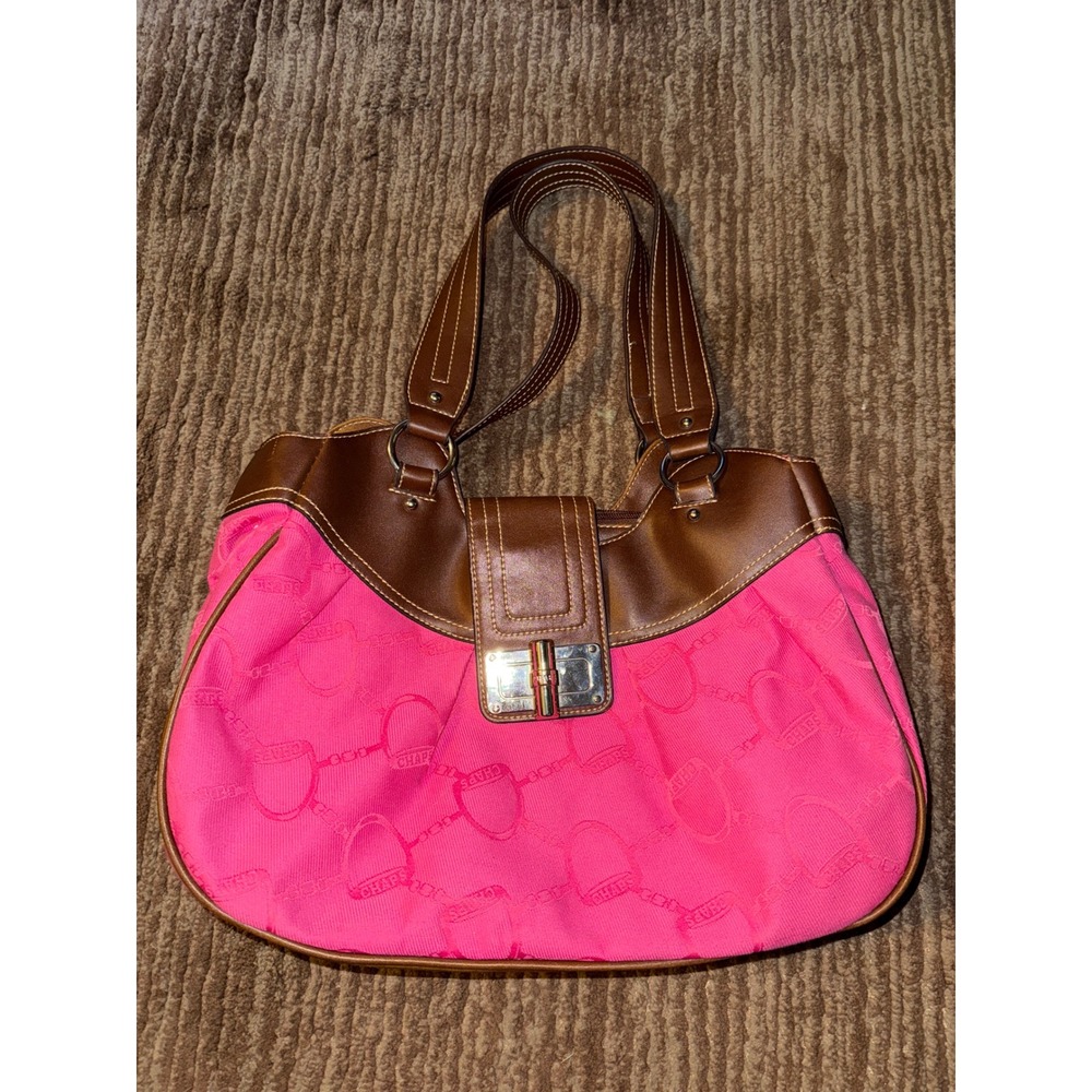 Chaps Pink Satchel Purse Shoulder Bag Brown Trim Logo Print Medium
